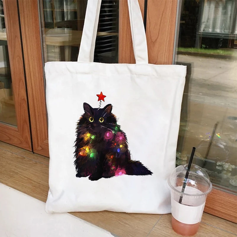 Christmas Lights Cat Canvas Tote Bags Funny Women\'s Shoulder Bag Merry Christmas Party Shopping Shopper Bag Reusable Handbag