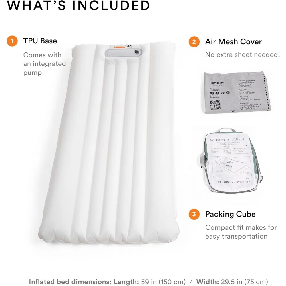 JetKids من Stokke CloudSleeper - سرير سفر قابل للنفخ للأطفال - مع مضخة مدمجة وغطاء شبكي مسامي ومصدات كاملة الطول