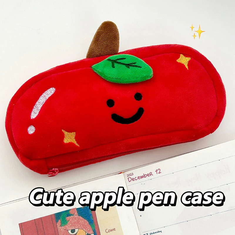 1 Piece Apple Large Capacity Cosmetic Bag New Plush Pen Bag Double Sided Portable Stationery Organizer