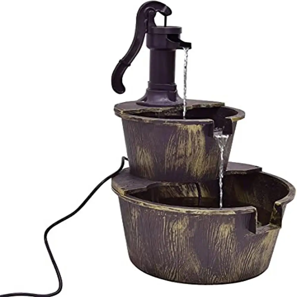 

2-Tier Rustic Barrel Fountain w/Hand Pump Garden Backyard Patio Quiet Operation & Easy Assembly Polypropylene Construction