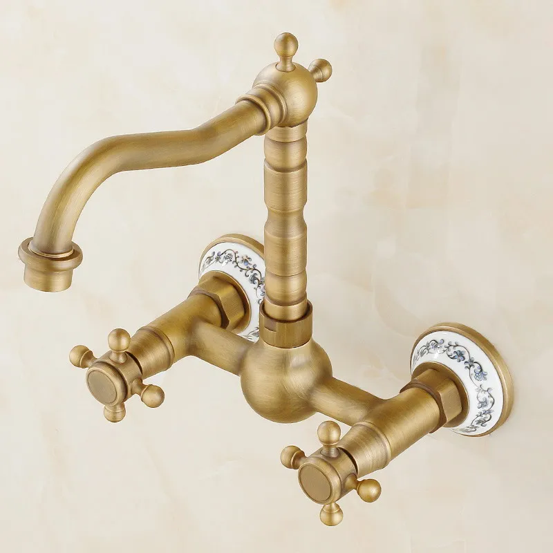 Imagem -05 - Antique Brass Dual Handle Basin Faucet Dual Hole Wall Mount Vaidade do Banheiro Pia da Cozinha Torneiras de Água Fria e Quente Dan023a