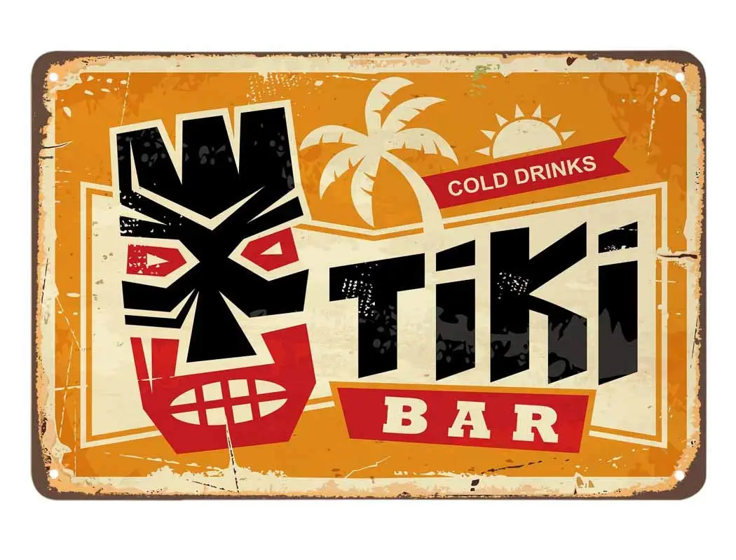 AOYEGO Tiki Bar Tin Sign,Cold Drinks Here Vintage Metal Tin Signs for Cafes Bars Pubs Shop Wall Decorative Funny Retro Signs for