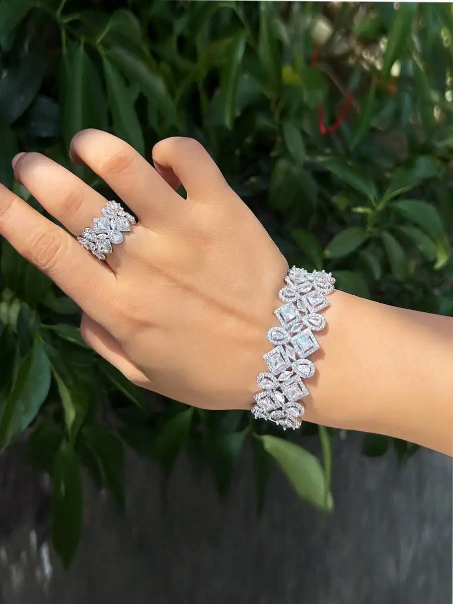 

Stunning 5A Cubic Zirconia Floral Open Cuff Bracelet And Ring Set For Women Wedding Bridal Party Accessories