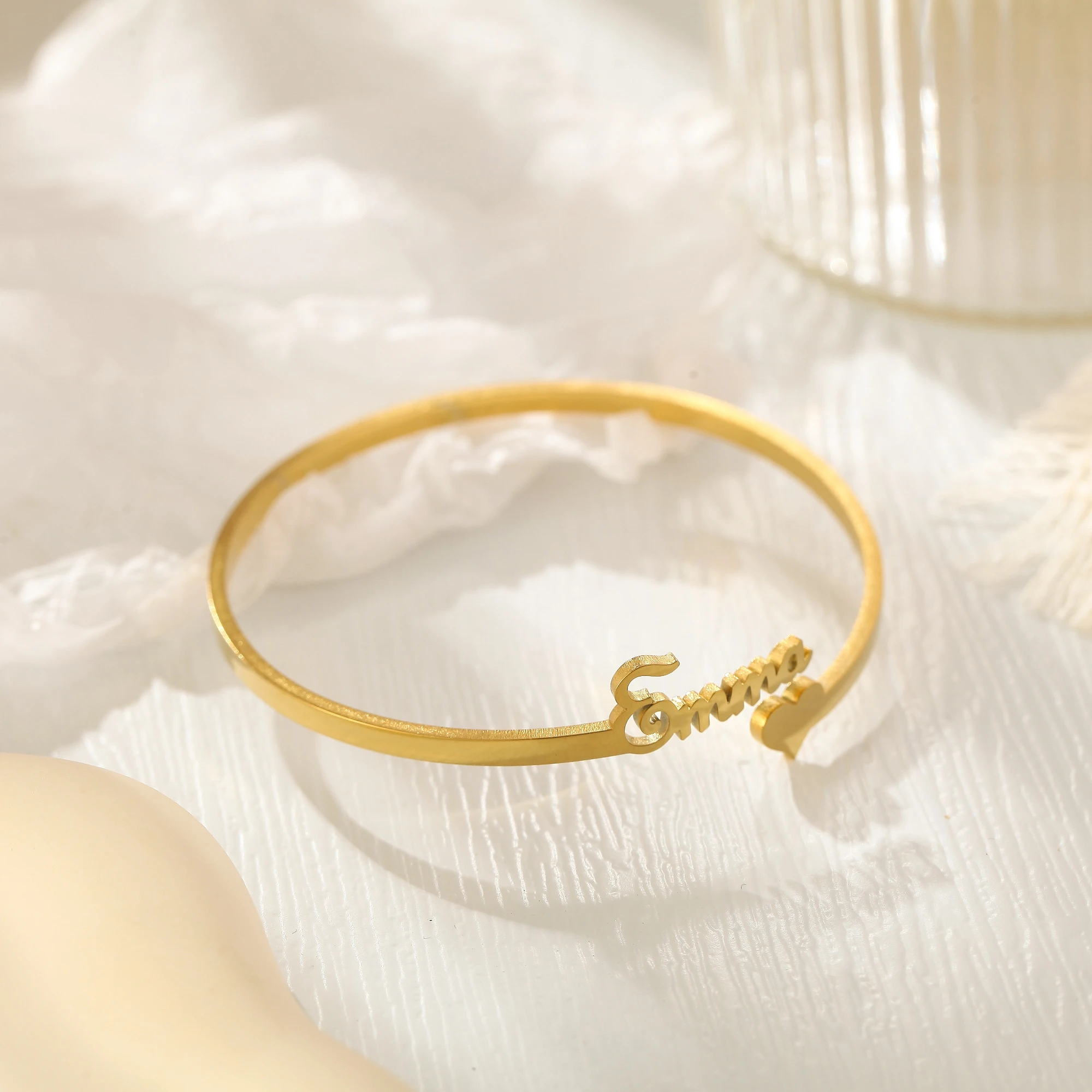 Stainless Steel Custom Heart Name Bangle Personalized Text Bracelet Jewelry Adjustable Stainless Steel Cuff Gift For Her