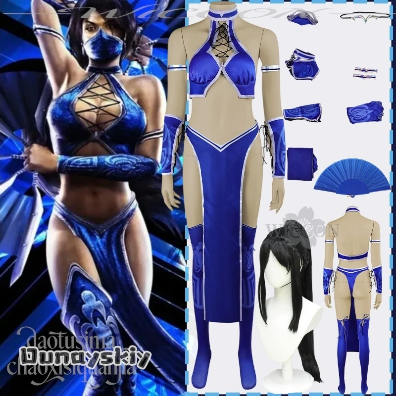 

Anna zh On@Kitana Cosplay Mortall Anime Game Kombattt Costume Sexy Battle Uniform Blue Jumpsuit Sexy Lingerie Mask Fan Props