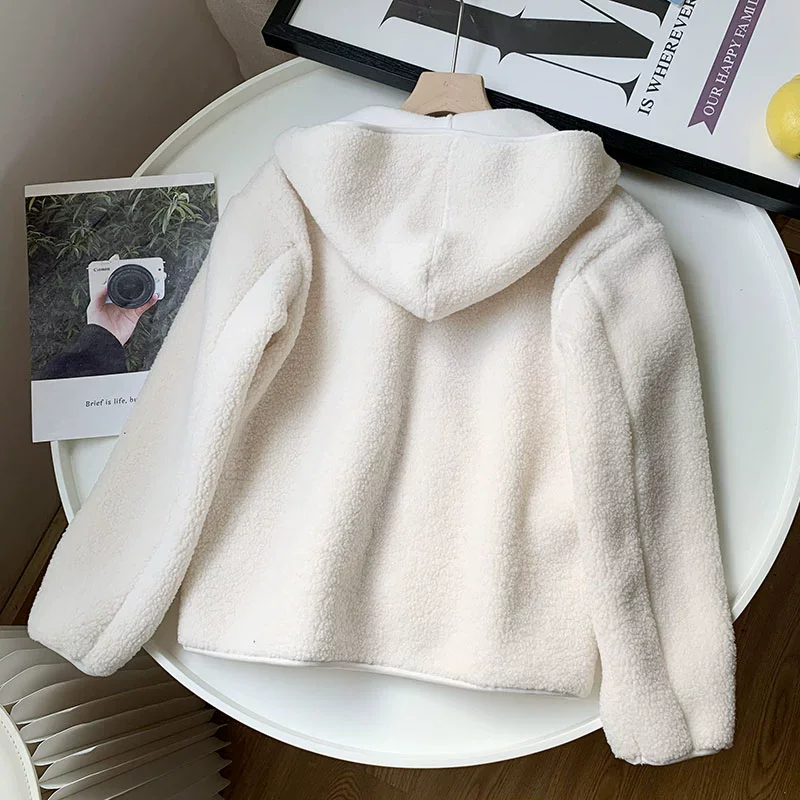 Women\'s 2023 Autumn/Winter Fashion Warm Loose Lamb Wool fleece Hooded Zipper Long Sleeve Coat Jacket Top