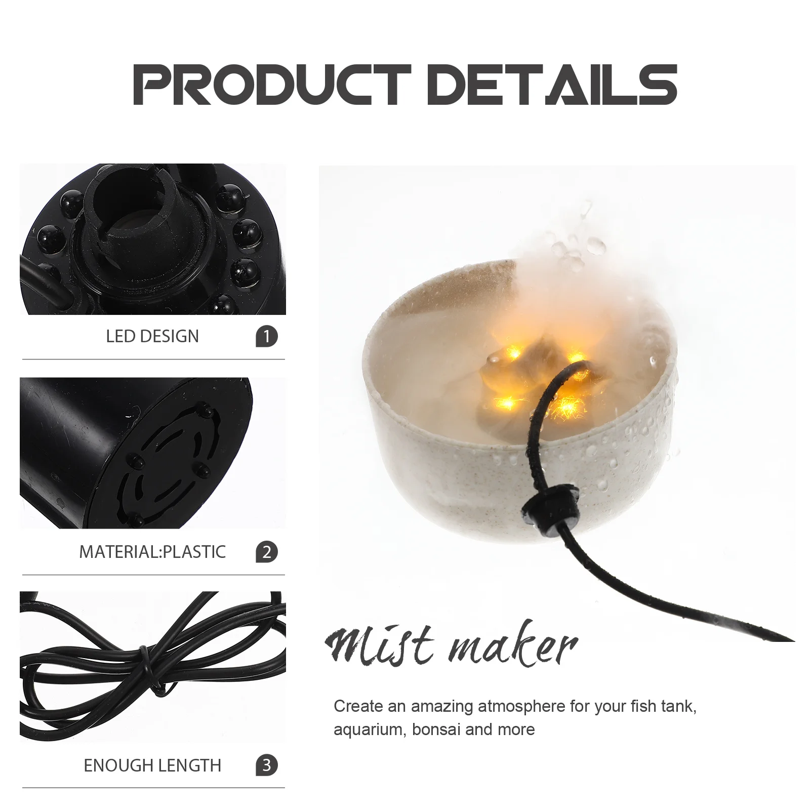 Mini Wytwornica Mgły Nawilżacz Powietrza LED do Akwarium Bonsai Fontanna Opryskiwacz Dekoracja Krajobrazu Skalnika Stawu Maszyna do Wytwornictwa Mgły