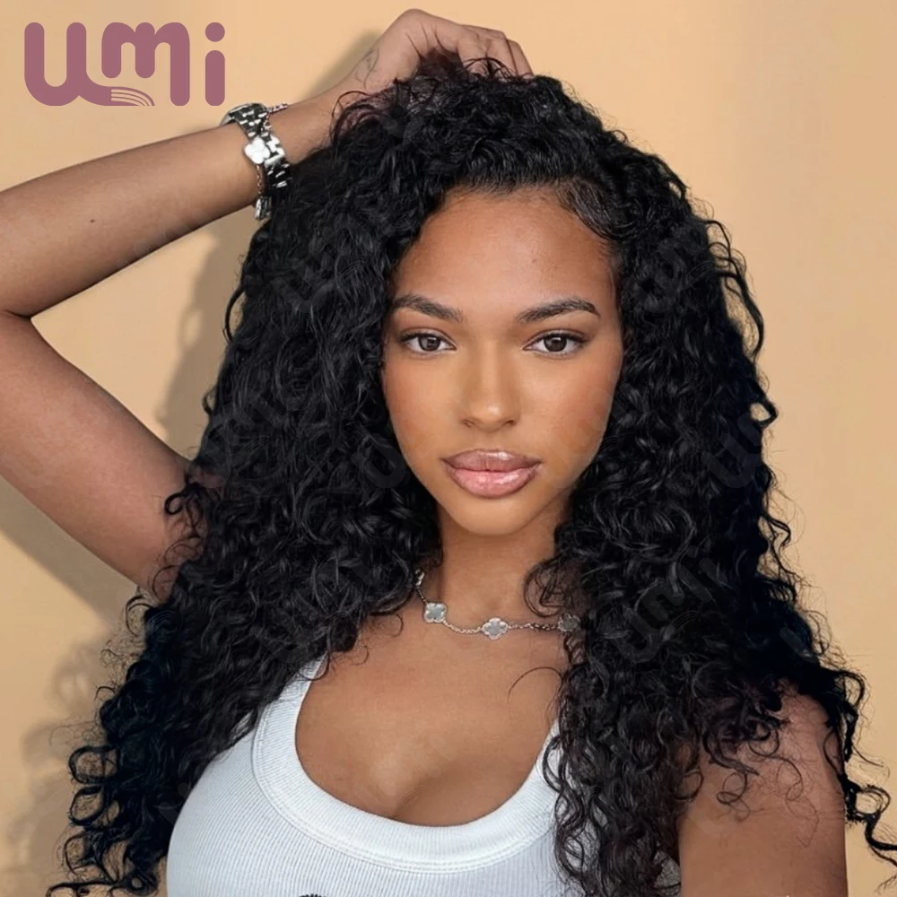 Glueless Umi 13x4 HD deep wave Wig Transparent Lace Frontal wigs Remy 300% Density real 100% Human Hair 36 inches Natural color
