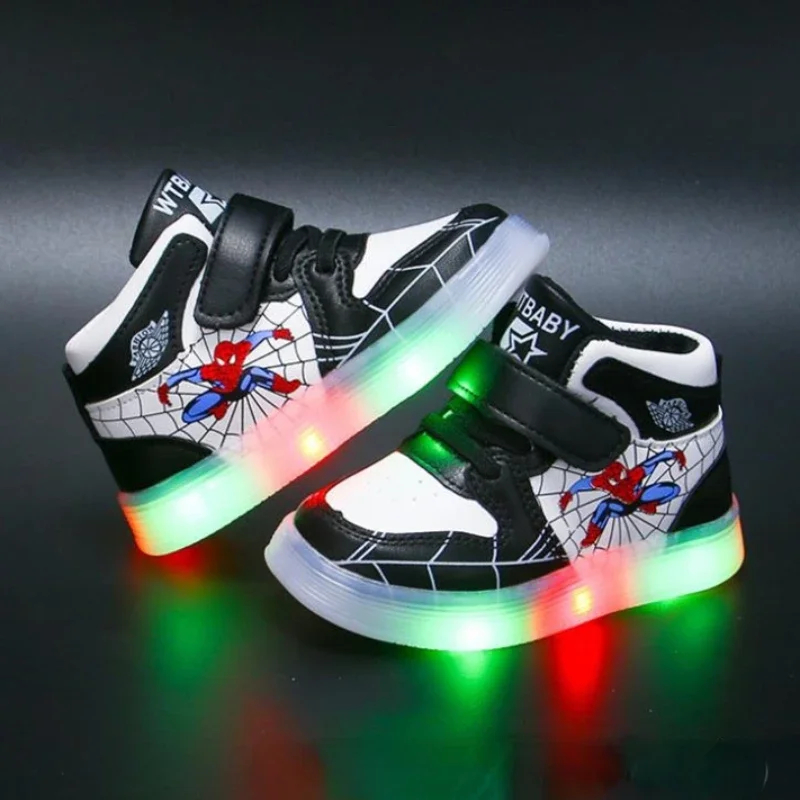 Disney Children\'s Led Light Shoes Fashion Design Spiderman Boys Sneakers Girls Cartoon Casual Shoes Breathable Kids Sport Shoes