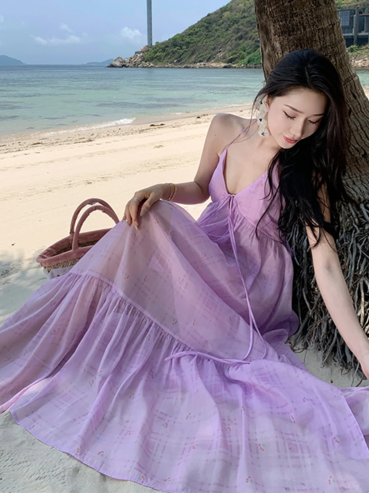 Vaion 슬레 오프숄더 타이다이 퍼플 플리치 스커트 여성 여름 해변 촬영 드레스 울트라 페어리 A라인 가운