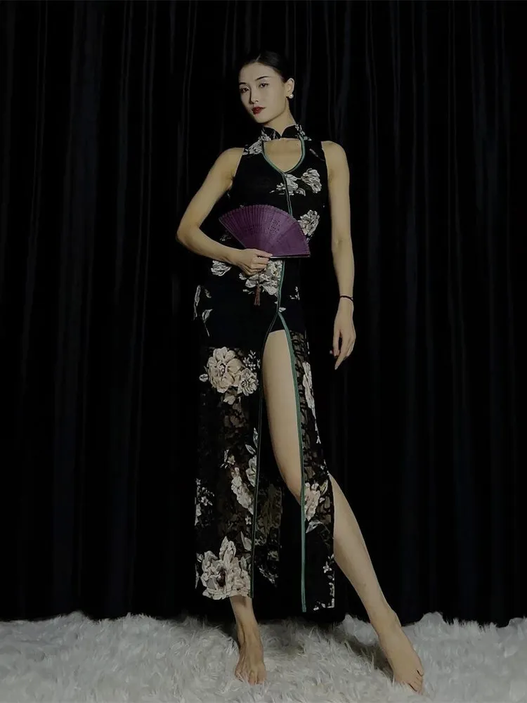 

Платье WYZ Ele с цветочным кружевом и высоким разрезом для джазовых танцев, весна 2023, сезонный цветочный узор, другие материалы