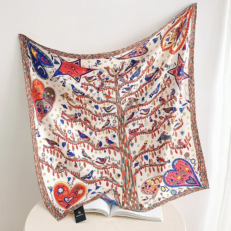 90 cm Manueller Handgerollter Twill-Seidenschal für Damen, Cartoon-Big-Tree-Druck, gekräuselt, quadratische Schals, Echarpes, Foulards, Femme, Wickel-Bandana