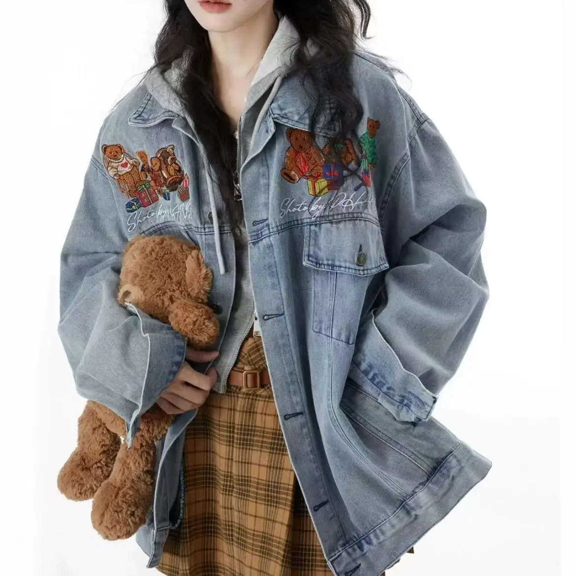 Cartoon Little Bear Embroidery Couple Loose Denim Jacket Spring Autumn Coat Top Harajuku Style Y2k Cute Long Sleeve Jeans Jacket