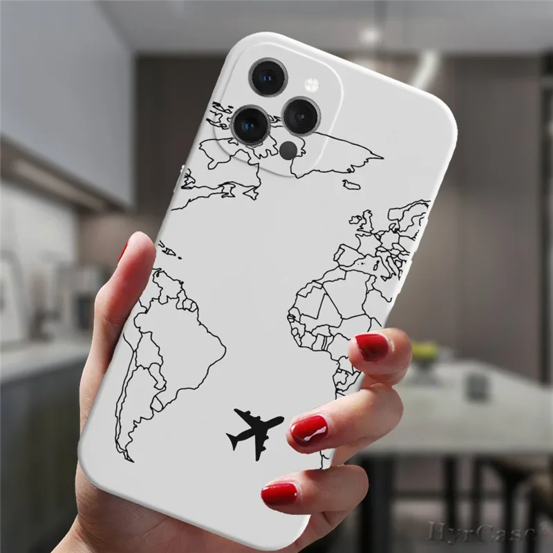 Earth World Map Plane Couple Phone Case for iPhone 16 15 14 13 12 11 Pro Max Mini SE Matte Silicone Soft Paried Cover Fundas Bag