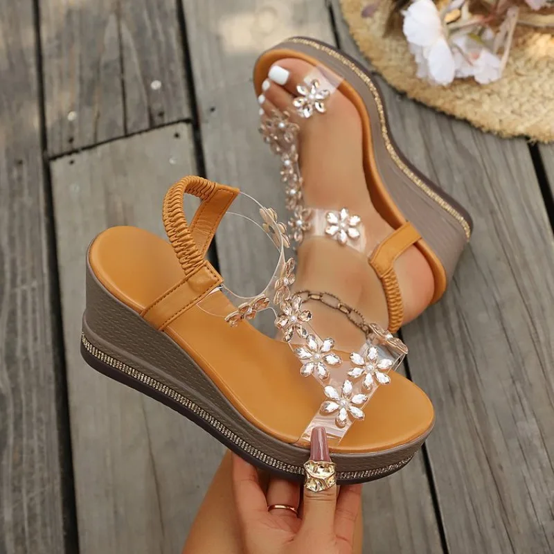 Sandalias de cuña para mujer con punta abierta, tacón alto, correa transparente, flor de diamantes de imitación, plataforma elástica y tira trasera, zapatos de verano para vacaciones