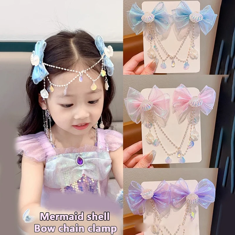 Cartoon Mädchen Haarspange Kinder Meerjungfrau Prinzessin Perlen Fransen Rosa Lila Schleife Stirnkette Haarnadel Feen Ohrhänger Accessoires – Detail 3