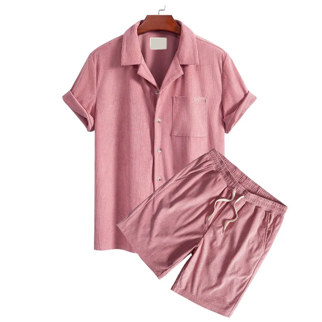 

2025 Summer New Fashion Corduroy Men Casual Sports Set Simple Solid Color Male Collar Shirt Two Piece Sets