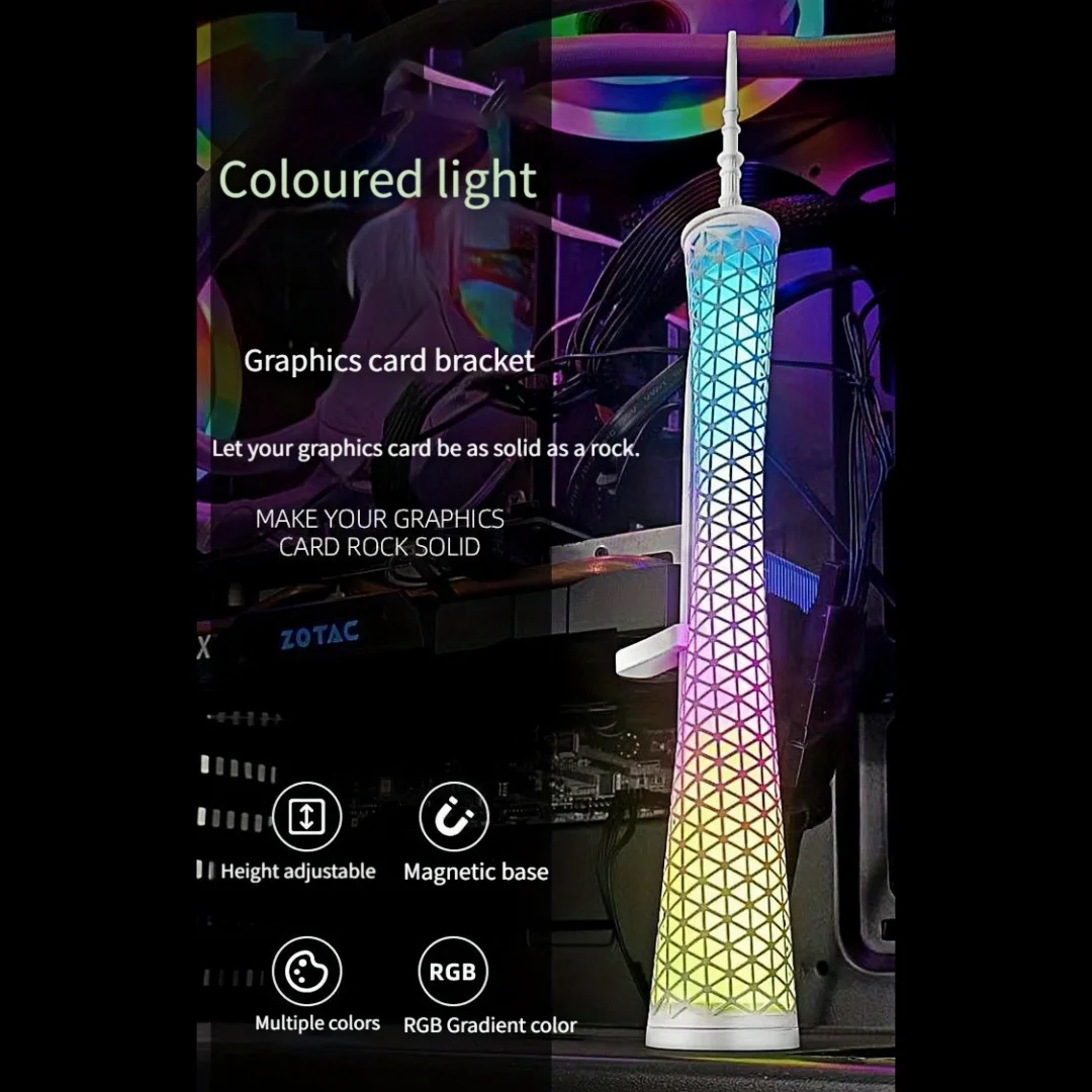 

Кронштейн для видеокарты в стиле Canton Tower, ARGB-подсветка с градиентом RGB, магнитное основание, регулируемая высота, ARGB-подсветка может следовать ритму музыки.