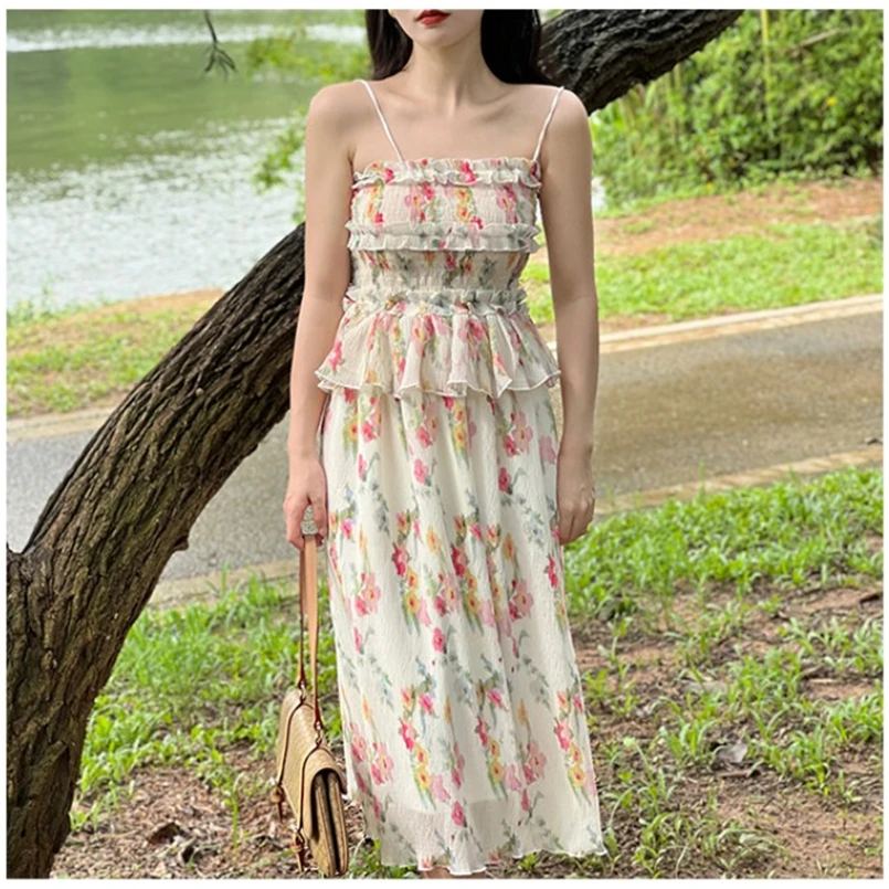 Zoet meisje print bloemen ruches lange jurken vrouwen zomer elegante stijlvolle chique spaghetti jurk strapless vestidos s-3xl