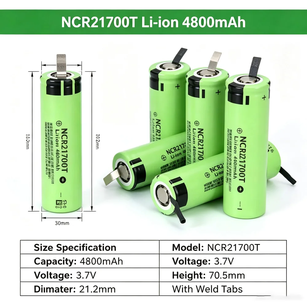 NCR21700T 4800mAh 3.7V Rechargeable Battery Bare Cell with Weld Tabs for Do-It-Yourself Hand-made Battery Pack Assembly