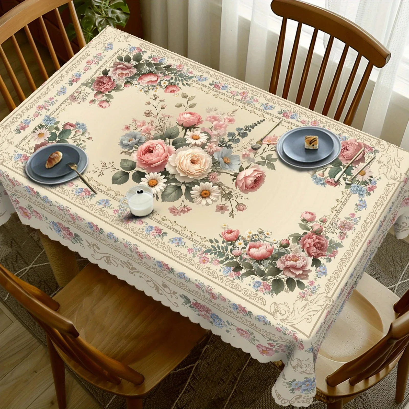 

Vintage French Floral Tablecloth Waterproof Polyester 2D Flat Printed Table Cover For Dining Room Kitchen Home Decor Elegant