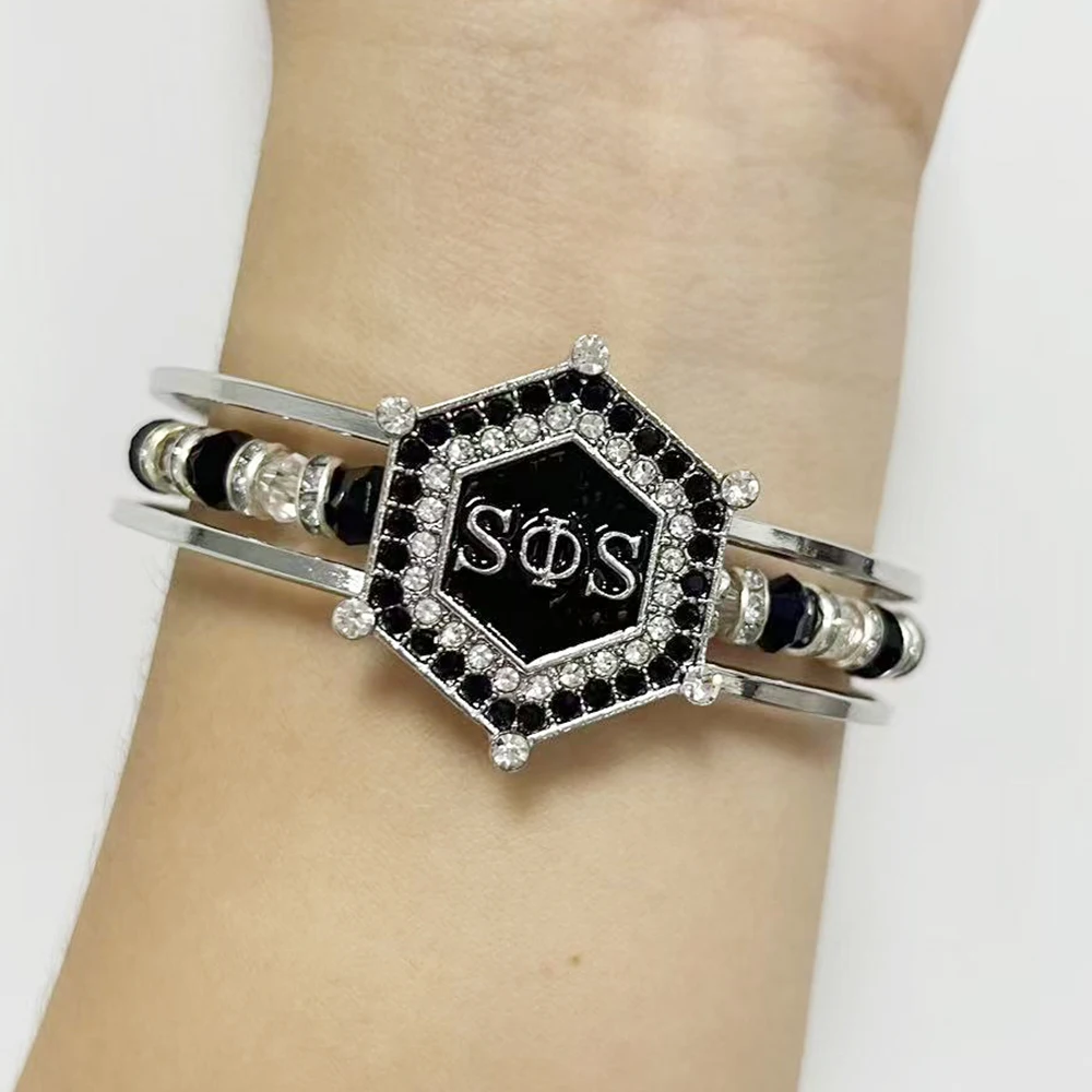 Swing Phi Swing SPS Black Hexagonal Diamond Crystal Jewelry Bangle Bracelet for Sorority Party Women's Award Ceremony Gift