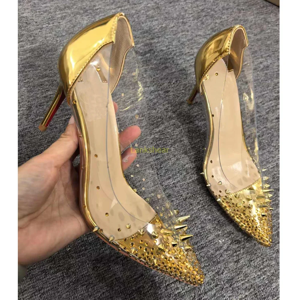 

Yellow Rivet Crystal Rhinestone Pumps Sexy Pointed Toe Thin Heel Slip On New Arrivasl Fashion Women Modern Shoes