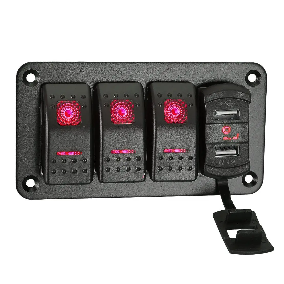 

3 Gang Rocker Toggle Switch Panel Dual USB Port for RV Car Truck Marine Boat Red LED Voltmeter