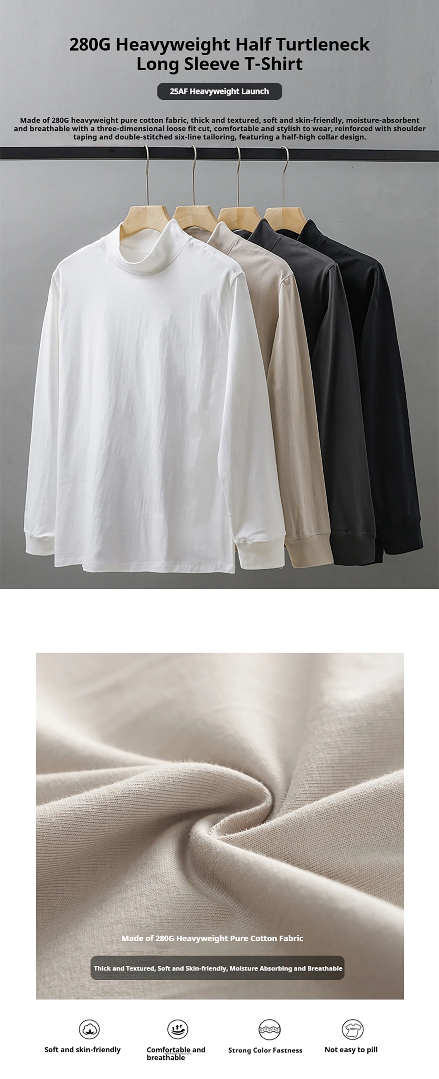 Dukeen 270G Schwergewicht-T-Shirts mit halbem Rollkragen und langen Ärmeln für Herren, Herbst, 100 % Baumwolle, einfarbig, Unterhemd, Herrenbekleidung – Detail 2