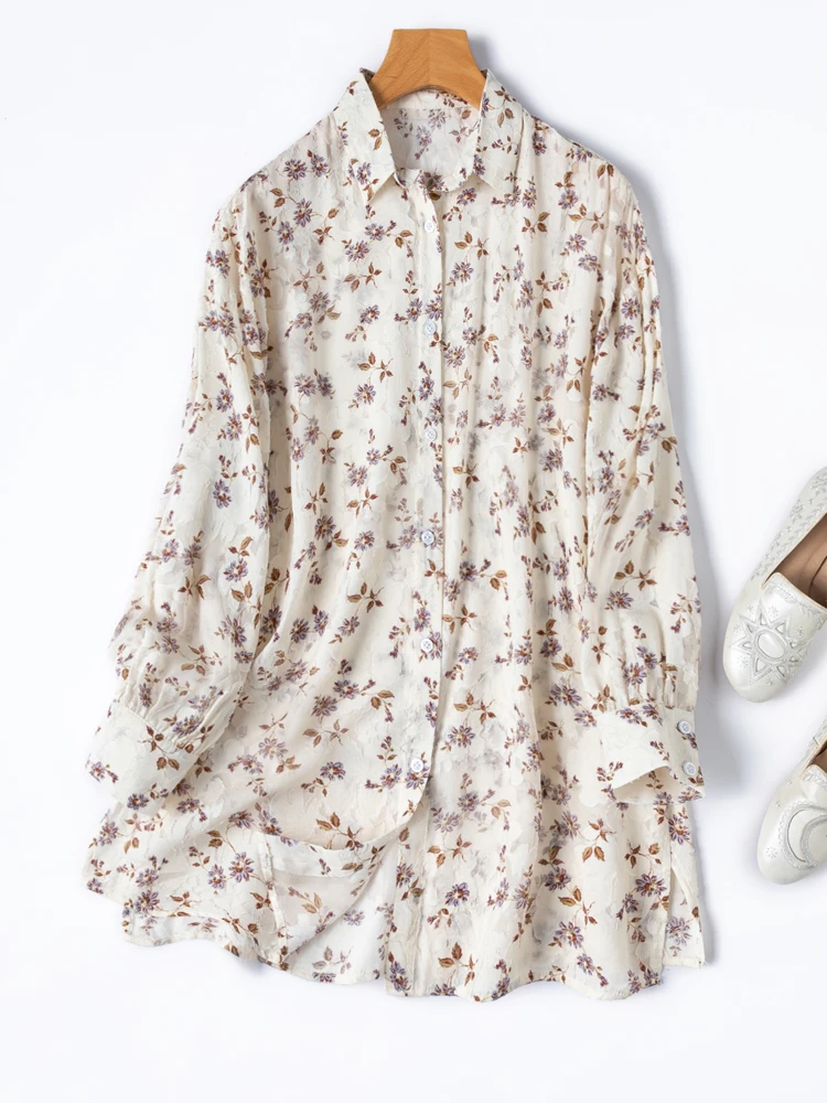 Coix Seed Color Floral Semi Transparent 100% Natural Mulberry Silk Sun Protection Cut Silk Shoulder Sleeves Mid Length Cardigan