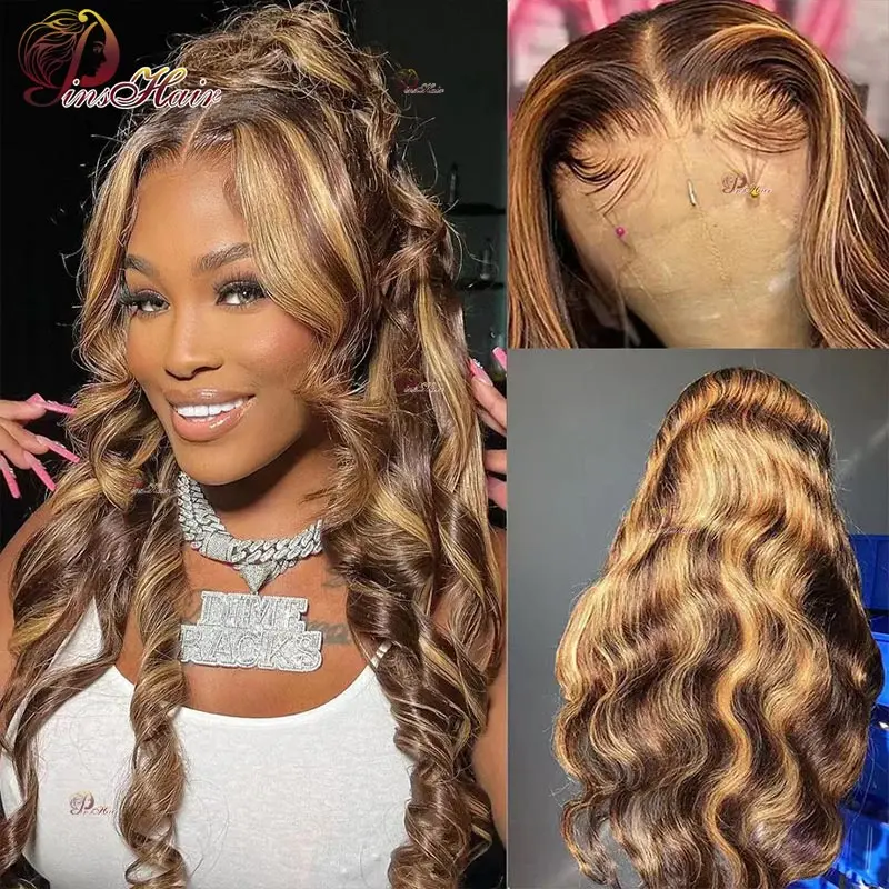 

Highlights Lace Front Human Hair Wigs Body Wave Wig P4/27 Honey Blonde 13X6 Lace Frontal Wig Remy Hair Pre Plucked For Women 180