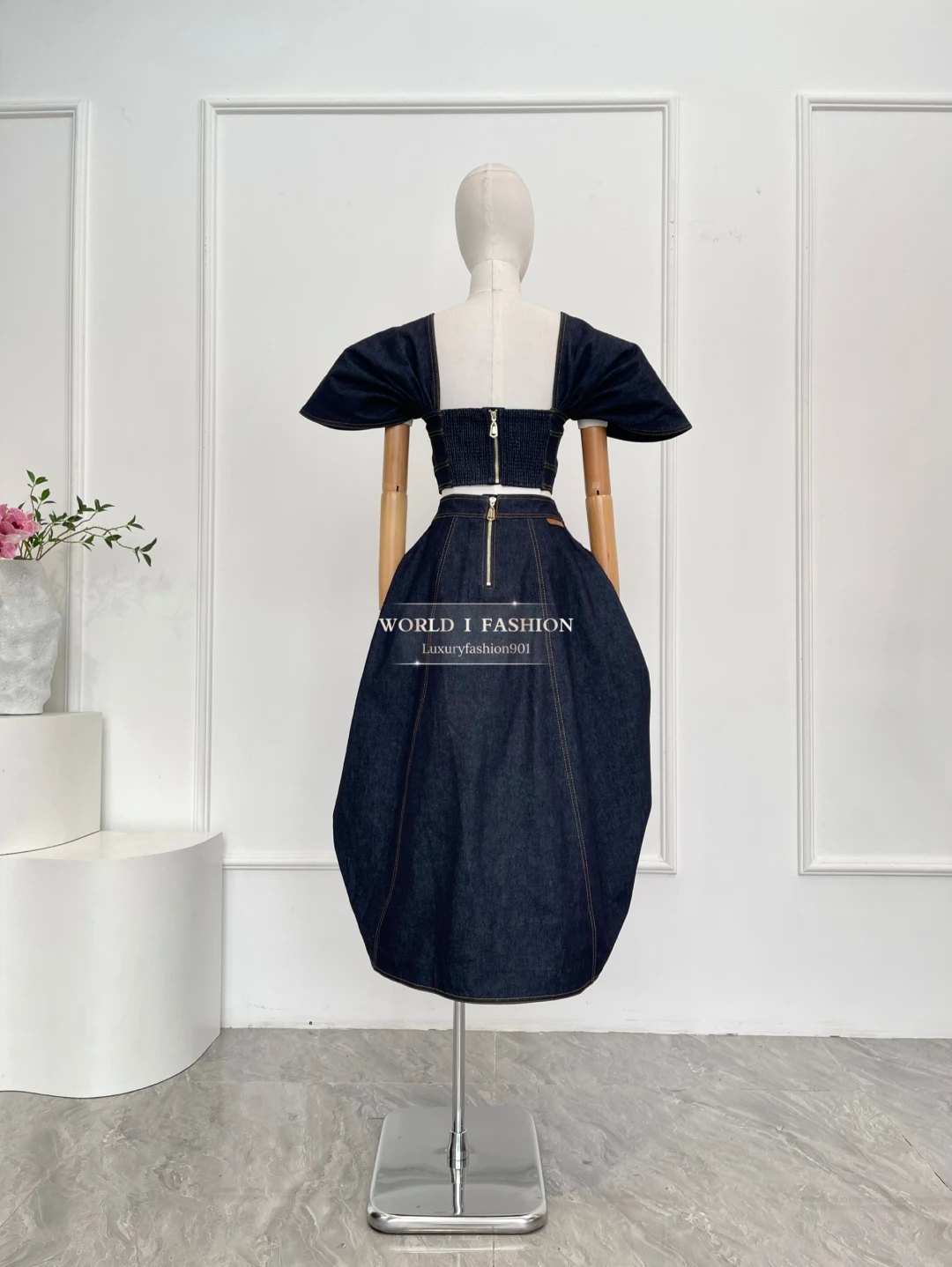 

Blue Short Sleeve Squared Collar Blouse Tops and Irregular Hem Denim Midi Skirt Set for Women