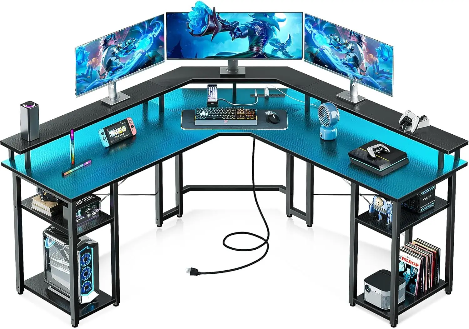 Scrivania da gioco a forma di L Coleshome con luci a LED e prese di corrente, scrivania per Computer reversibile da 56 "con supporto per Monitor completo e archiviazione