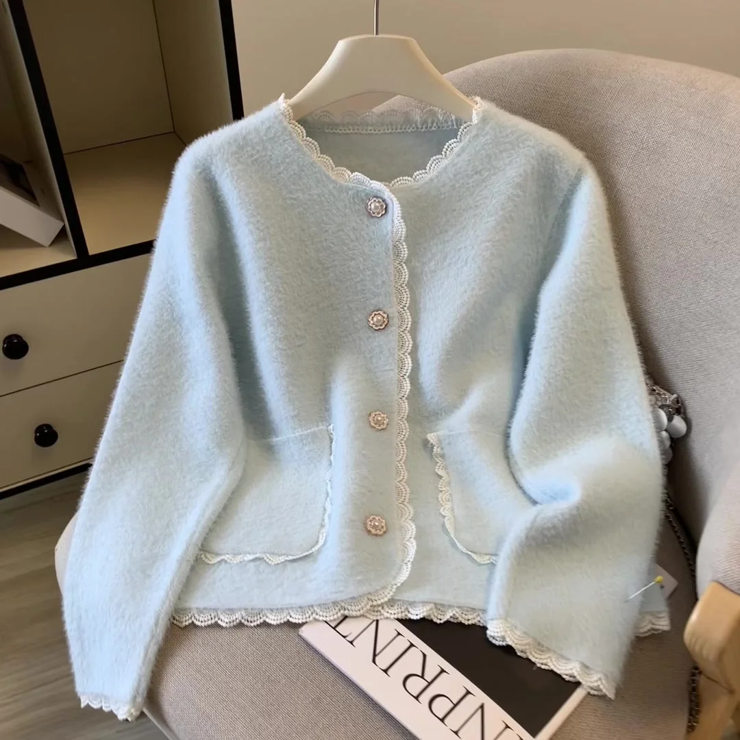 

ALPHALMODA 2025, New Style, Lace Binding, Imitation Mink, Knitted Cardigan Top, Ladies Sweet, Autumn Outwear