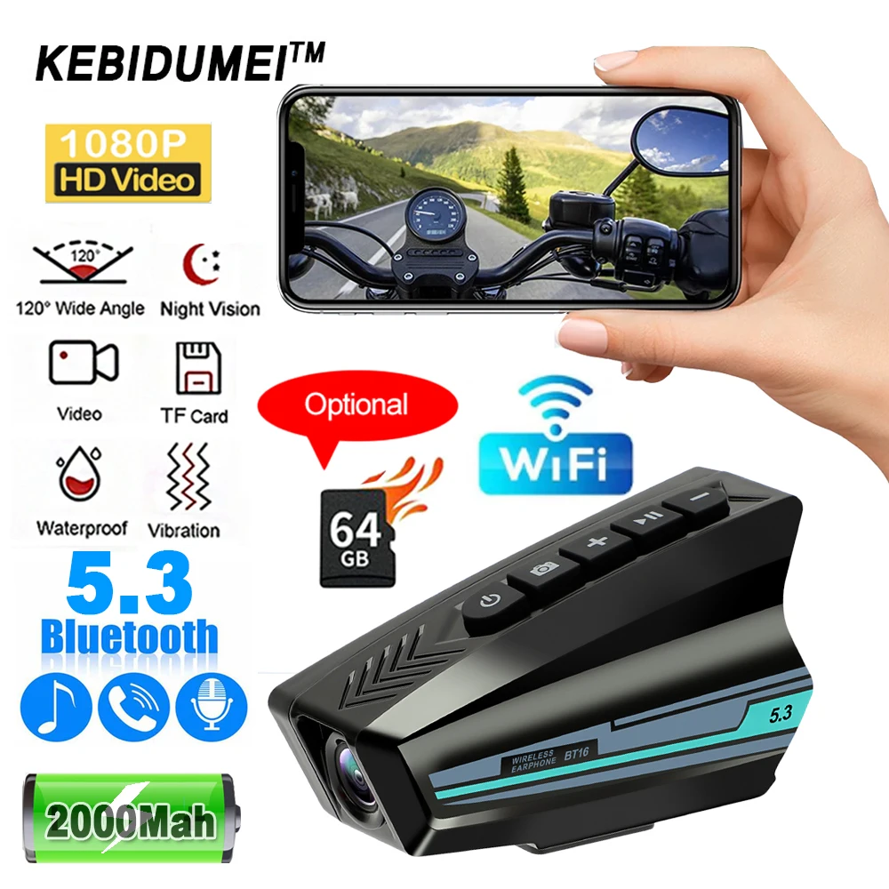 

1080P видео наушники для верховой езды, мотоциклетный видеорегистратор, ночное видение, 2000 мАч, аккумулятор, водонепроницаемая гарнитура для шлема с громкой связью для длительного режима ожидания