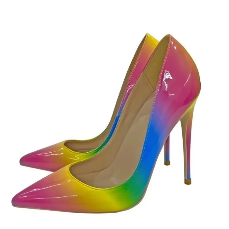 

SHOFOO Fashionable women's high heels. Rainbow colored patent leather pointed shoes. About 12cm heel height. Thin heel shoes.