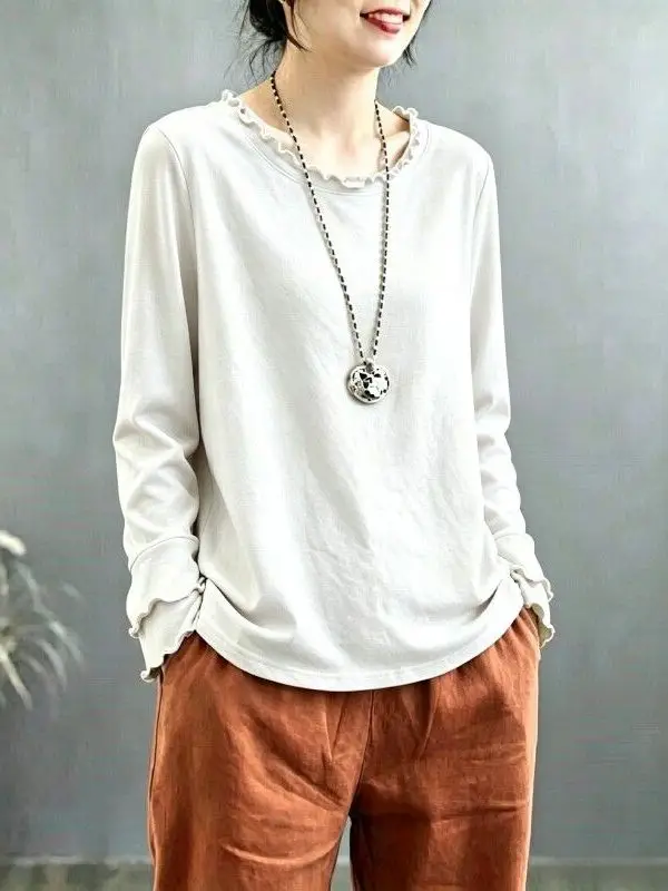 Youthful Cotton Long Sleeve round Neck T-Shirt Women's Loose Fit  Color Base Shirt Casual Style City Walk Travel Wear