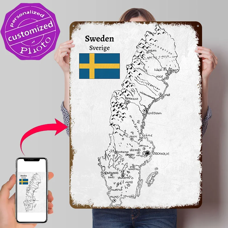 Handdrawn Sweden Map Personalized 3D Textured Metal Poster Wall Art Vintage Tin Signs for Decoration Room Ornaments Decor Luxury