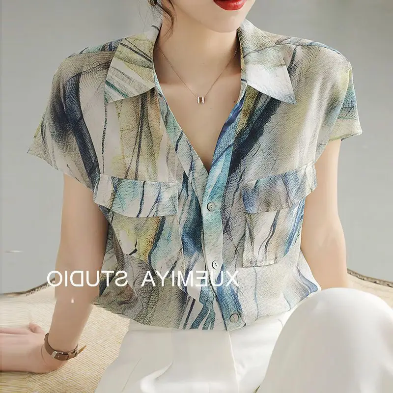Polo Neck Chiffon Print Thin Elegant Shirt Tops Summer Short Sleeve All-match Fashion Blouse Vintage Temperament Women Clothing