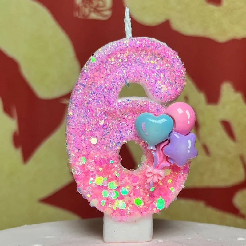 Pink Glitter Number Candles with Love Heart and Colorful Balloon Designs for Birthday Cake and Dessert Table Decor  Prop