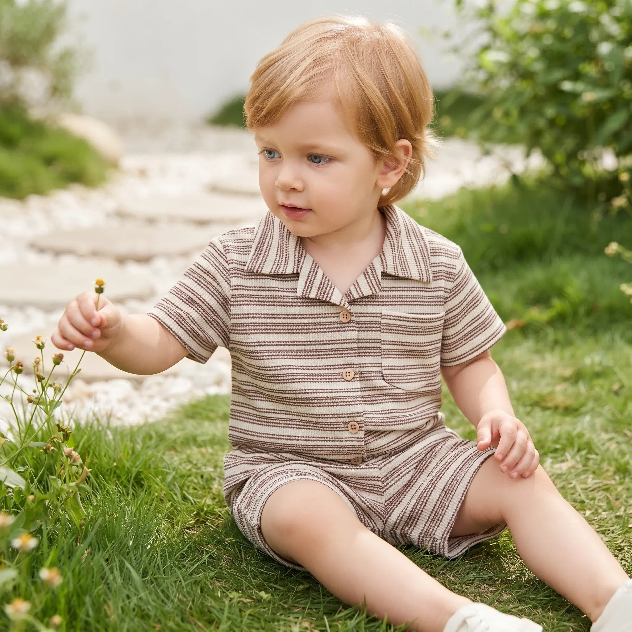 2PCS Kids Striped Outfit Summer Short Sleeve Button Down Shirt + Shorts Set Beige Brown Boys Girls Baby Casual Clothes 0-3Y