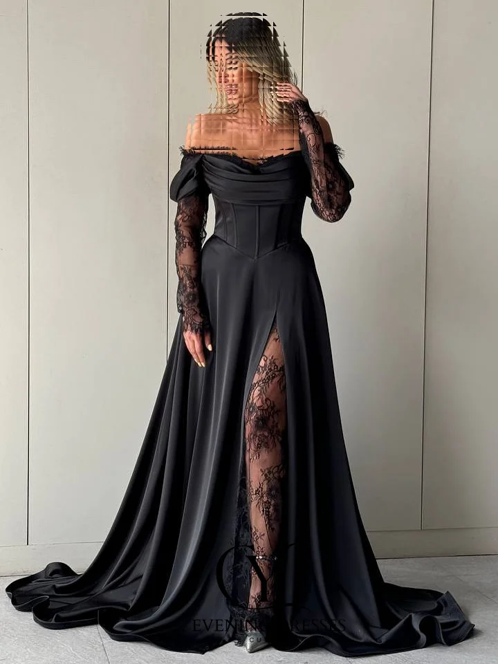CUYUN-vestido de noche negro de lujo con abertura larga, vestido de fiesta de manga larga con hombros descubiertos, vestido de línea A personalizado para ocasiones formales