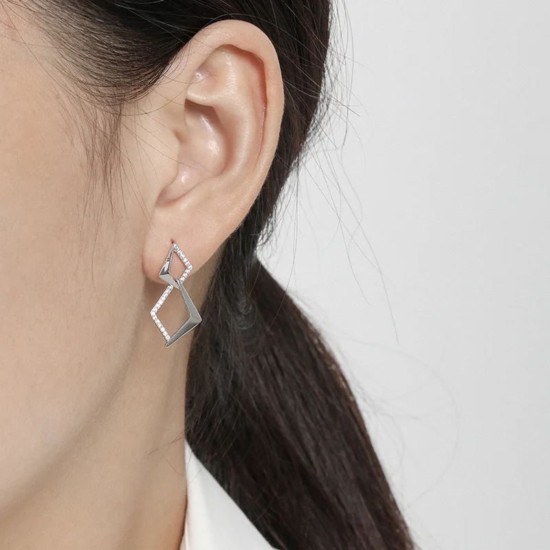 Original S925 sterling silver inlaid zircon four-sided rhombus earrings for women, light luxury banquet fashion jewelry
