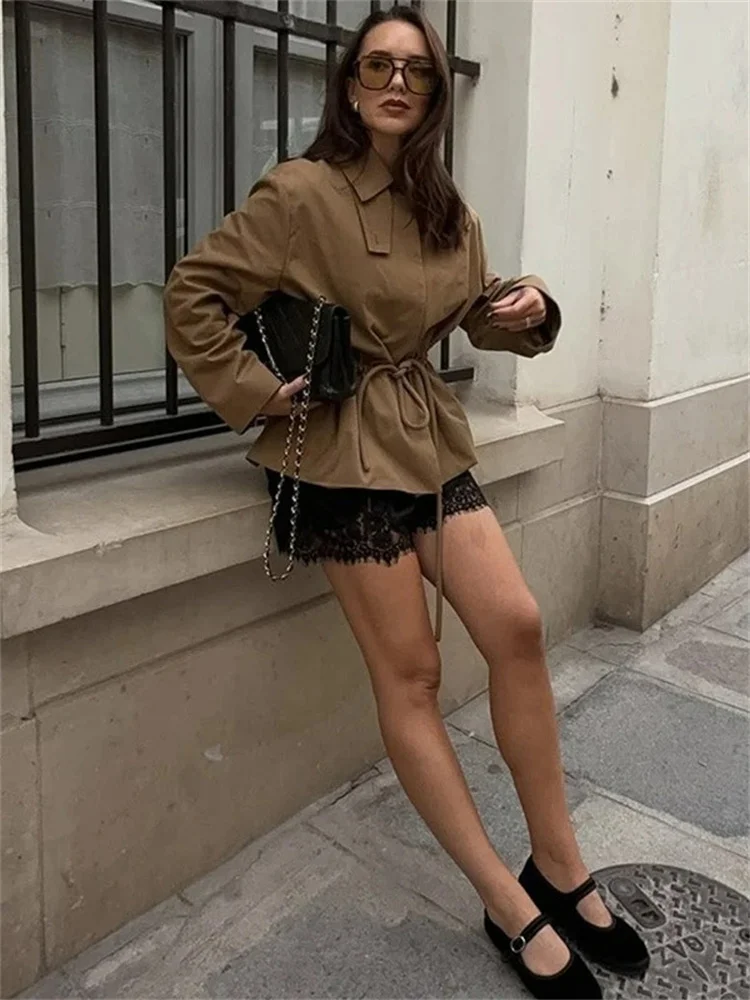 Tossy Casual Lace-Up Loose Jackets Coat Female Lapel Long Sleeve Patchwork Commute Streetwear For Women Vintage Jackets Outwear