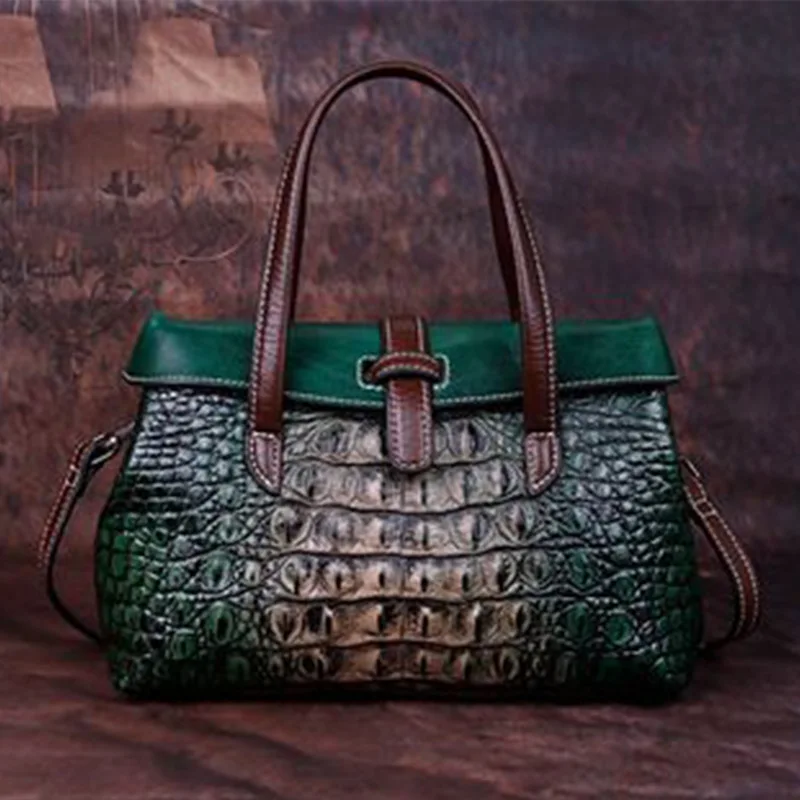 Leather Embossed Crocodile Grain Retro Brand Women's Handbags Large Capacity Cowhide Leisure Personality Chic Shoulder Bags