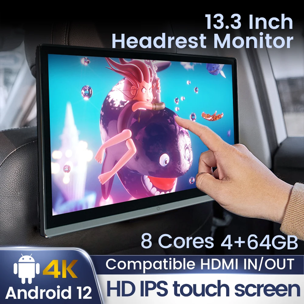 

13.3 inch Car Headrest TV Tablet 4K Android 12.0 IPS Touch Screen 8Core 4G+64G Seat back Monitor Player WiFi/BT/FM/HDMI/USB/SD