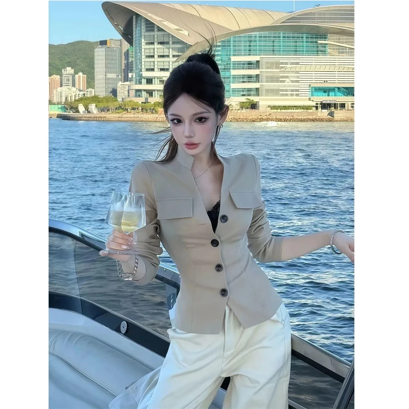 

Faionable Slim Fit Single Button Double ket Cover Open Cardigan Coat Women's Autumn New Sle Versatile Slimming Top