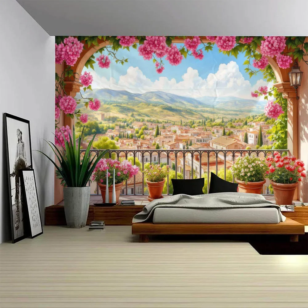 Pink Flowers European Ocean Scenery Garden Balcony Tapestry Wall Hanging Home Living Room Decorative Background Cloth