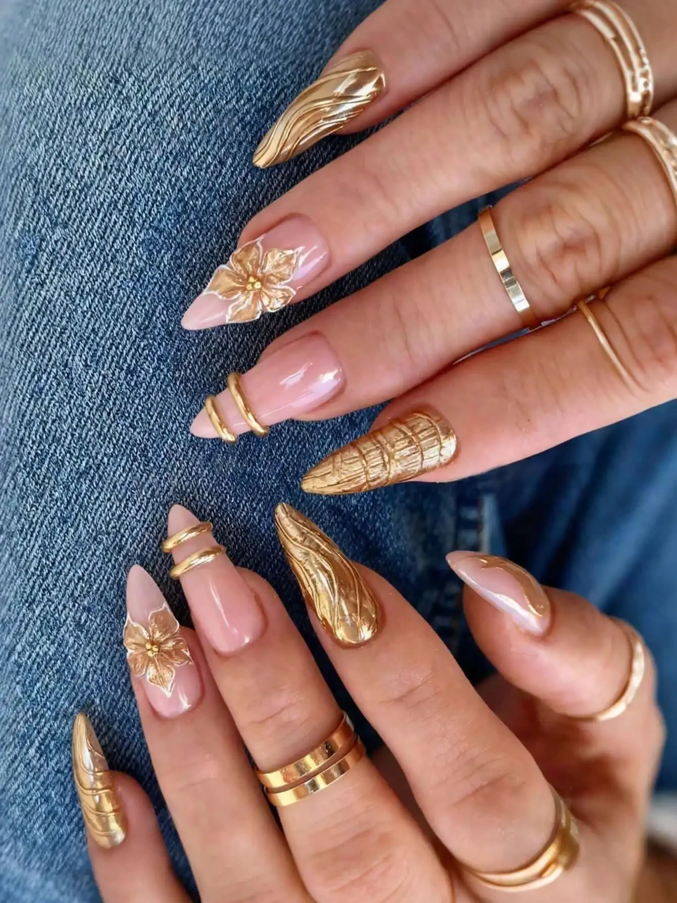 

Elevate Your Overall Look With This Set Of 24 Medium Almond-Shaped Press-On Nails. These Nails Feature A Vintage, Elegant, And Gorgeous Modern Court Style, With A Soft Nude Pink As The Main Color, Adorned With Fresh 3D Gold Floral Patterns, Gold Beads, Cl