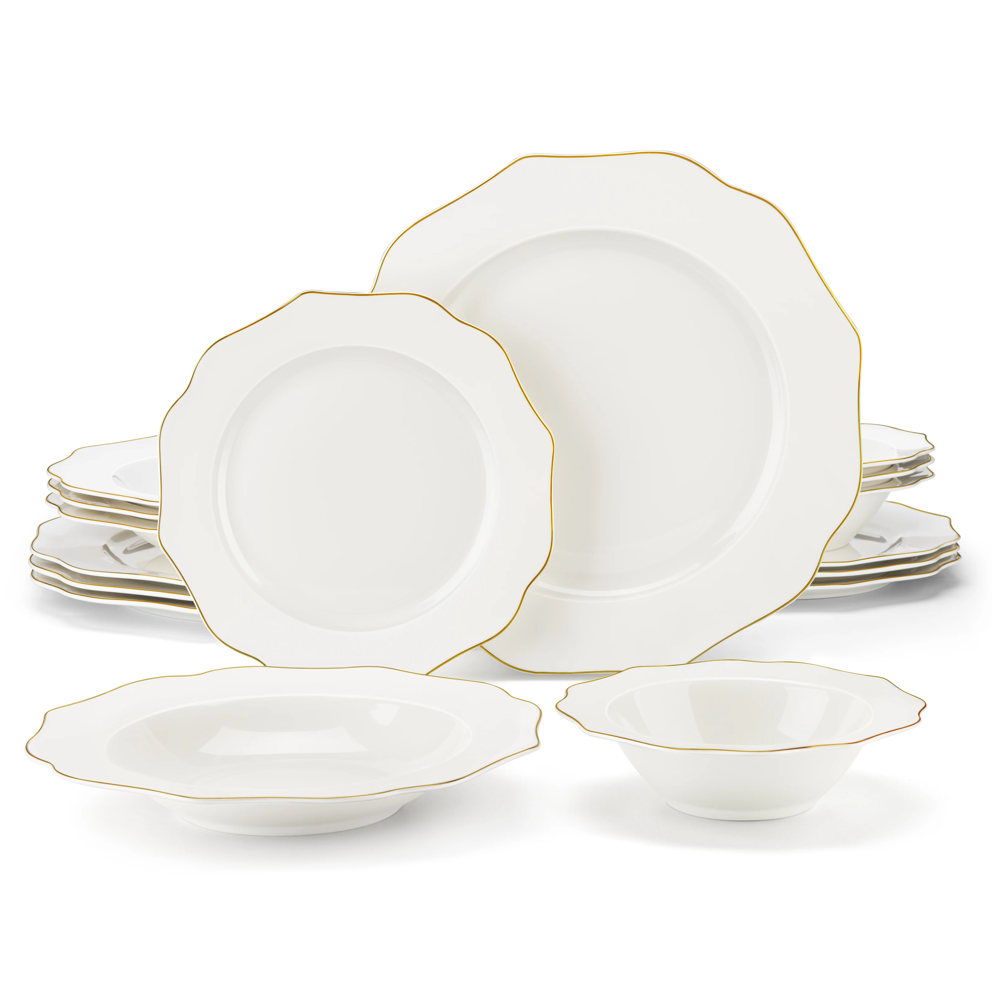 MALACASA 16/32-TEILIGES nordisches europäisches goldenes Rand-Geschirrset aus weißem Porzellan mit Schüssel, Abendessen, Dessert und Suppenteller-Set für 4/8